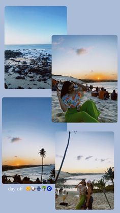 four pictures of people on the beach at sunset