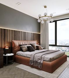 a large bed sitting in the middle of a bedroom next to a window with city view