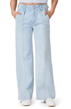 A powdery light wash furthers the vintage vibe of soft, stretchy wide-leg jeans featuring a pleated high waist and sleek seam details. 30 1/2" inseam; 22" leg opening; 11" front rise; 15" back rise (size 29) Zip fly with two-button closure Front slant pockets; back patch pockets 93% cotton, 5% polyester, 2% spandex Machine wash, line dry Imported Light Wash Wide Leg Flare Jeans For Work, Wide Leg Light Wash Flare Jeans For Work, Chic Light Wash Mid-rise Wide Leg Pants, Spring Light Wash Mid-rise Wide Leg Pants, Chic Light Wash Flare Pants, Chic Light Wash Wide Leg Pants For Spring, Chic Spring Light Wash Wide Leg Pants, Spring Flare Wide Leg Pants In Medium Wash, Spring Light Wash Wide-leg Flare Jeans