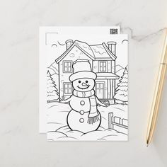 a drawing of a snowman in front of a house