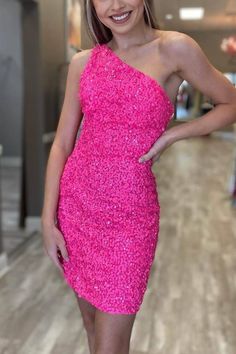 One Shoulder Hot Pink Sequins Tight Party Dress – Modsele Vestidos Color Fucsia, Tight Homecoming Dress, Sequin Short Dress, Homecoming Dresses Sparkly, Sequin Homecoming Dress, Mini Prom Dresses, 파티 드레스, Homecoming Dresses Tight, Graduation Dresses