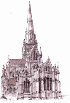 a drawing of an old church with steeple and spires on the front side