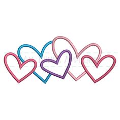 three heart shaped appliques in pink, blue and purple on a white background