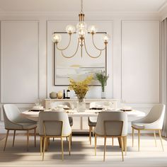 a dining room table with chairs and a chandelier