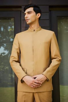 Beige bandhgala with front concealed placket. Comes with coordinating straight pant. - Aza Fashions Beige Bandhgala, Pant Set, Straight Pants, Aza Fashion, Pants Set, For Men, Pants, Trousers