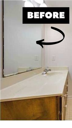 before and after photos of a bathroom remodel with an arrow pointing to the sink