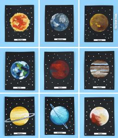 nine pictures of different planets on black paper with white dots in the middle and blue background