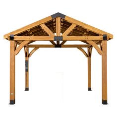 a wooden gazebo with metal posts and roof