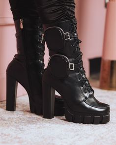 Make a statement in these cute lug sole platform booties. True to Size. Heeled Combat Boots, Goth Shoes, Fashion Shoes Heels, Cute Shoes Heels, Shoes Outfit Fashion, Fancy Shoes, Aesthetic Shoes