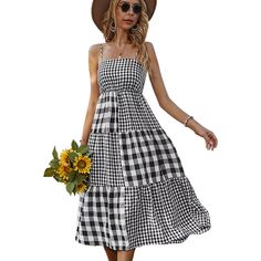 Black Plaid Print Spaghetti Straps Swing Dress Women Dresses Casual, Boho Plaid, Boho Casual, Boho Stil, Plaid Print, Plaid Dress, Black Plaid, Women Dresses, Dresses Casual