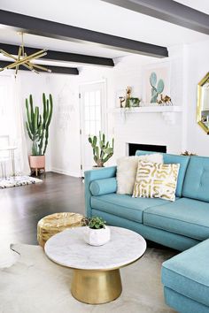 a living room with blue couches and potted cacti