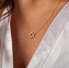 Elegant Star Of David Anniversary Jewelry, Elegant Star-shaped Diamond Necklace, Elegant Star-shaped Diamond Cut Necklace, Elegant Star-shaped Necklace With Diamond Accents, Elegant Star Shaped Diamond Cut Necklace, Star-shaped Cubic Zirconia Diamond Necklace Gift, Elegant Star-shaped Formal Necklace, Elegant 14k Gold Star Of David Jewelry, Elegant Star Shaped Formal Necklace