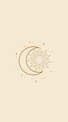 the sun and moon are drawn in gold on a light beige background with small stars