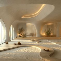 the interior of a futuristic building with circular windows and white sand coverings on the ground