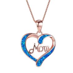 Blue Opal MOM Heart Pendant Necklace Mothers Day Best Gift Jewelry Heart Pendent, Mom Pendant, Heart Letter, Employee Benefits, Vintage Rose Gold, Wedding Engagement Gifts, Letter Pendant Necklace, Love Shape, Blue Pendant