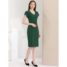 This slim dress adds a touch of elegance and vintage to your wardrobe. Suitable for spring/summer and for many occasions, such as office, wedding, vacation, going out, shopping, dating. Lightweight, breathable and comfy. This dress makes you look thinner. Pair it with high heels and handbag to create a fashion and graceful look. Classic V-neck Career Dresses, Elegant V-neck Midi Dress For Career, Summer Office Dresses With Notched Neckline, Elegant Office Dresses With Notched Neckline, Spring Office Lady Dresses For Career, Spring Career Dresses For Office Ladies, Elegant Green Office Dress, V-neck Office Lady Dress For Business Casual, V-neck Spring Career Dresses