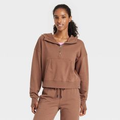 Women's French Terry 1/2 Zip Hooded Pullover Sweatshirt - JoyLab™ Brown M Sportswear Hoodie With Ribbed Cuffs And Half-zip, Sportswear Hoodie With Half-zip And Ribbed Cuffs, Sportswear Half-zip Hoodie With Ribbed Cuffs, Fall Half-zip Sweatshirt With Kangaroo Pocket, Half-zip Fleece Sweatshirt With Kangaroo Pocket, Fleece Half-zip Sweatshirt With Kangaroo Pocket, Half-zip Sweatshirt With Kangaroo Pocket For Fall, Half-zip Hoodie With Ribbed Cuffs For Loungewear, Casual Half-zip Sweats For Loungewear