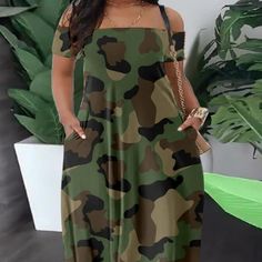 Stay Cool And Stylish With Our Camo Off-Shoulder Dress. Made For Comfort (And Cuteness)! Perfect For Your Next Adventure. You'll Blend In With Nature While Standing Out In A Crowd (But Like, In A Good Way). You'll Definitely Want To Add This Quirky And Fun Dress To Your Wardrobe. Get It Now!" Dress For Plus Size Women, Dress For Plus Size, Skirt Streetwear, Ombre Maxi Dress, Off Shoulder Maxi Dress, Chic Shirts, Flared Sleeves Top, Chic Skirts, Estilo Chic