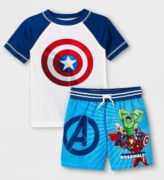 Marvel Avengers Child 2 piece Swim Set: Swim Shirt & Trunks. Sizes 2T, 3T, 4T, & 5T (whiles supplies last). Condition is "New with tags". Shipped with USPS First Class. Avengers Logo, Catalog Bag, Marvel Merchandise, Swim Shirt, Young Avengers, Beach Adventure, Swim Shirts, Swim Sets, Comic Styles