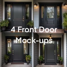 four front door mockups with potted plants