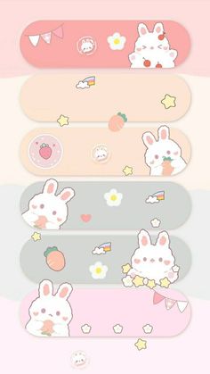 four cartoon stickers with different designs on the bottom one is pink, white and blue