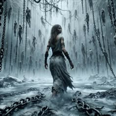 a woman standing in the water surrounded by chains