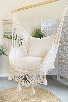 Macrame Crochet Hammock Chair White Hanging Chair, Hammock In Bedroom, Bedroom Swing, Indoor Hanging Chair, Crochet Hammock, Indoor Hammock Chair, Indoor Swing Chair, Macrame Hanging Chair, Indoor Hammock