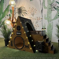 a house made out of cardboard with lights on the side and plants in pots around it