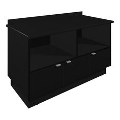 a black cabinet with two drawers on one side and an open drawer on the other