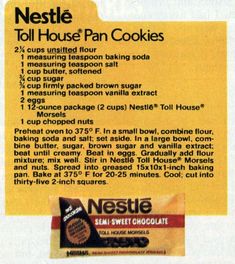 nestle toll house pan cookies recipe card