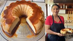 a woman holding a plate with a cake on it and an image of a bundt cake