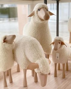 three stuffed sheep standing next to each other on top of a wooden floor in front of a window