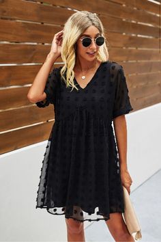 Adorable black dot baby doll dress Black Babydoll Dress Outfit, Black Baby Doll Dress, Babydoll Dress Outfit, Sundress Black, Black Babydoll Dress, Black Babydoll, Marine Uniform, Chiffon Mini Dress, Baby Doll Dress