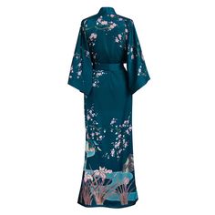 Spring Floral Kimono Robe (vintage teal) Bohemian Belted Kimono With Kimono Sleeves, Bohemian Belted Kimono, Spring Long Belted Kimono, Spring Kimono With Tie Waist And Kimono Sleeves, Belted Kimono With Kimono Sleeves For Vacation, Spring Blue Kimono With Tie Waist, Blue Spring Kimono With Tie Waist, Green Floral Print Long Robe, Green Long Floral Print Robe