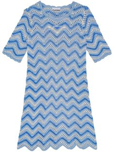 blue/white organic cotton crochet knit multi-way stripe pattern embroidered logo at the chest scallop edge round neck short sleeves above-knee length This item is made from at least 50% organic materials. Learn more about what makes a product Conscious on our Conscious Criteria page Versace Outfit, City Dress, Cotton Crochet, Summer Beach Wear, Stripes Pattern, Denim Dress, Day Dresses, Knee Length, Jacket Dress