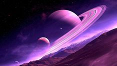 an image of the planets in space with mountains and hills around it, including saturn