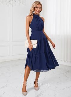 Midi Dresses Classy, Dresses Classy Elegant, Blue High Neck Dress, High Neck Dress Formal, Blue Wedding Guest Dresses, Midi Formal Dress, Summer Formal Dresses, Cascading Ruffles, Chiffon Midi Dress