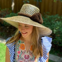 Handwoven Dark Brown And Natural Straw Hat With Extra Wide Brim. Each Of Our Artisan Hats Is Unique And Takes Approximately 8-10 Hours To Hand Weave By Skilled Artisans In The Guajira Desert Of Colombia. Pair With One Of Our Sparks+Brags Pom-Pom Hat Bands For A Pop Of Color. Pom Pom Hat Bands Are Available In A Variety Of Colors And Are Sold Separately. If You're Interested In Purchasing A Handwoven Pom Pom Hat Band Please Comment Below And I Will Let You Know What Colors We Have Available. Brim Brown Woven Fedora Straw Hat, Brown Woven Straw Hat With Curved Brim, Brown Crochet Hat For Spring, Brown Woven Hat Bands For Spring, Handwoven Curved Brim Hat For Kentucky Derby, Handwoven Panama Hat For Kentucky Derby, Brown Woven Brimmed Fedora, Brown Woven Hat With Short Brim, Natural Handwoven Hat For Kentucky Derby