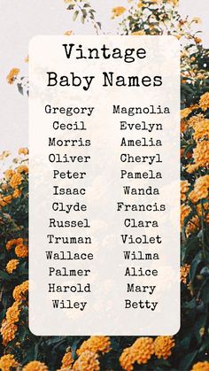 the names of baby names in front of yellow flowers with text overlay that reads vintage baby names