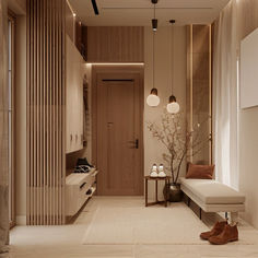 Japandi Home Japandi Home Entrance, Muji Bedroom Design, Japandi Foyer, Japandi Interiors Moodboard, Japandi Entryway, Japanese Scandinavian Interior, Slat Panelling, Japandi Style Home, Japandi Aesthetic