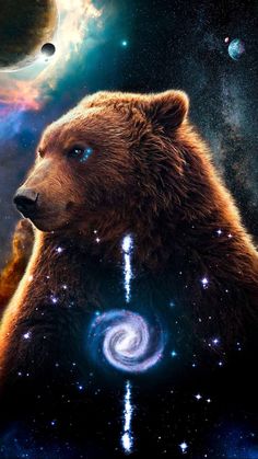 a large brown bear standing in front of a galaxy filled sky with stars and planets