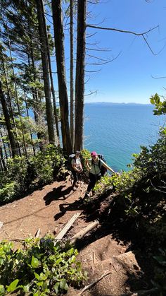 two people hiking up the side of a mountain with trees and water in the background