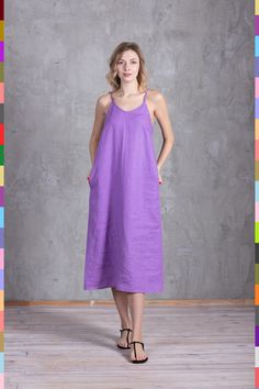 SUPER SALE -50%. Limited quantity. Handmade just for you in 2-5 days. ----------------------------------------------------------- Linen dress from linocolore. 100% pure Italian linen. One of the finest linen in the world. Rich silky velvet feeling. Extra soft with natural wrinkles. Double stonewashed (before and after the order is made). Medium weight. OEKO TEX 100 certified.  This item color is Violet Other available colors are (see color chart in photos): - White - Black - Natural - Gray Dark - Blue Light - Purple Light - Lemon - Terracotta - Khaki - Blue Dark - Green - Brown Light - Red - Pink Light - Blue - Pink - Sand - Gray - Gray Light - Aquamarine - Violet - Gold - Salmon - Chocolate Available sizes (see size chart in photos): XXS, XS, S, M, L, XL, XXL. Other sizes or made-to-measu Solid Dresses With Slip Pockets, Solid Spring Dresses With Slip Pockets, Spring Dresses With Pockets And Spaghetti Straps, Solid Sundress With Pockets, Spring Sundress Maxi With Slip Pockets, Spring A-line Dress With Slip Pockets, Spring Sundress Style Midi Dress With Slip Pockets, Spring A-line Dresses With Slip Pockets, Spring Vacation Dresses With Slip Pockets