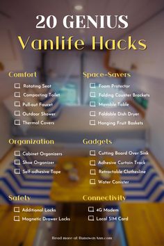 Vanlife hacks Camper van tips Travel hacks Vanlife organization Vanlife storage Vanlife cooking Vanlife kitchen hacks Vanlife bed hacks Vanlife shower hacks Vanlife bathroom hacks Vanlife safety tips Vanlife security Vanlife entertainmentVanlife wifi Vanlife connectivity Vanlife budget tips Vanlife DIY hacks Vanlife decoration Vanlife minimalist hacks Vanlife practicality Vanlife comfort tips Vanlife lifestyle