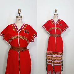 |d e s c r i p t i o n| *circa early 2000s *amazing traditional Thai hilltribe dress  *gorgeous weaving and bright red cotton *embroidery along neck and sleeves  *tassels around dress that create wonderful movement!  *tribe crest at left heart  *a loose fit, looks great belted as well!  |i n f o| tag: none  condition: very good vintage condition.  |m e a s u r e m e n t s| bust: 46" waist: 48" hips: 48" length: 52" est. size: l/xl mannequin measurements: bust 35"/waist 25.5"/hips 35" Red Bohemian Dress With Tassels, Traditional Tunic Dress With Tassels, Traditional Festival Dress With Tassels, Traditional Dress With Tassels For Festivals, Red Folk Style Tunic Kaftan, Dress With Tassels, Dress Clothes For Women, Gorgeous Dresses, Tassels