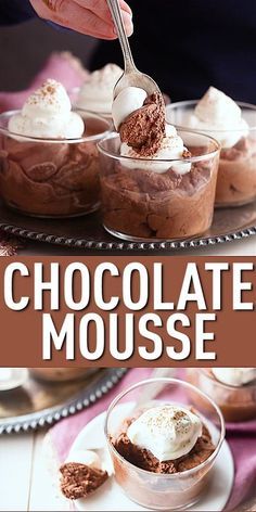 chocolate mousse with whipped cream on top and spoon in small glass dishes next to each other