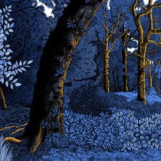 a blue and white painting of trees in the woods