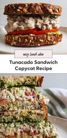 tuna sandwich with copycat recipe on the bottom and an image of chicken salad on top