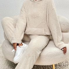 Lasaky - Premium Solid Teddy Two-piece Set: Stylish Long Sleeve Hooded Top with Kangaroo Pocket & Cozy Long Length Warm Pants - Exceptional Womens Clothing Teddy Hoodie, Warm Pants, Winter Set, Kangaroo Pocket Hoodie, Hooded Tops, Outfit Casual, Outfit Set, Casual Look, Pants Outfit