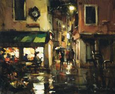 an oil painting of people walking in the rain